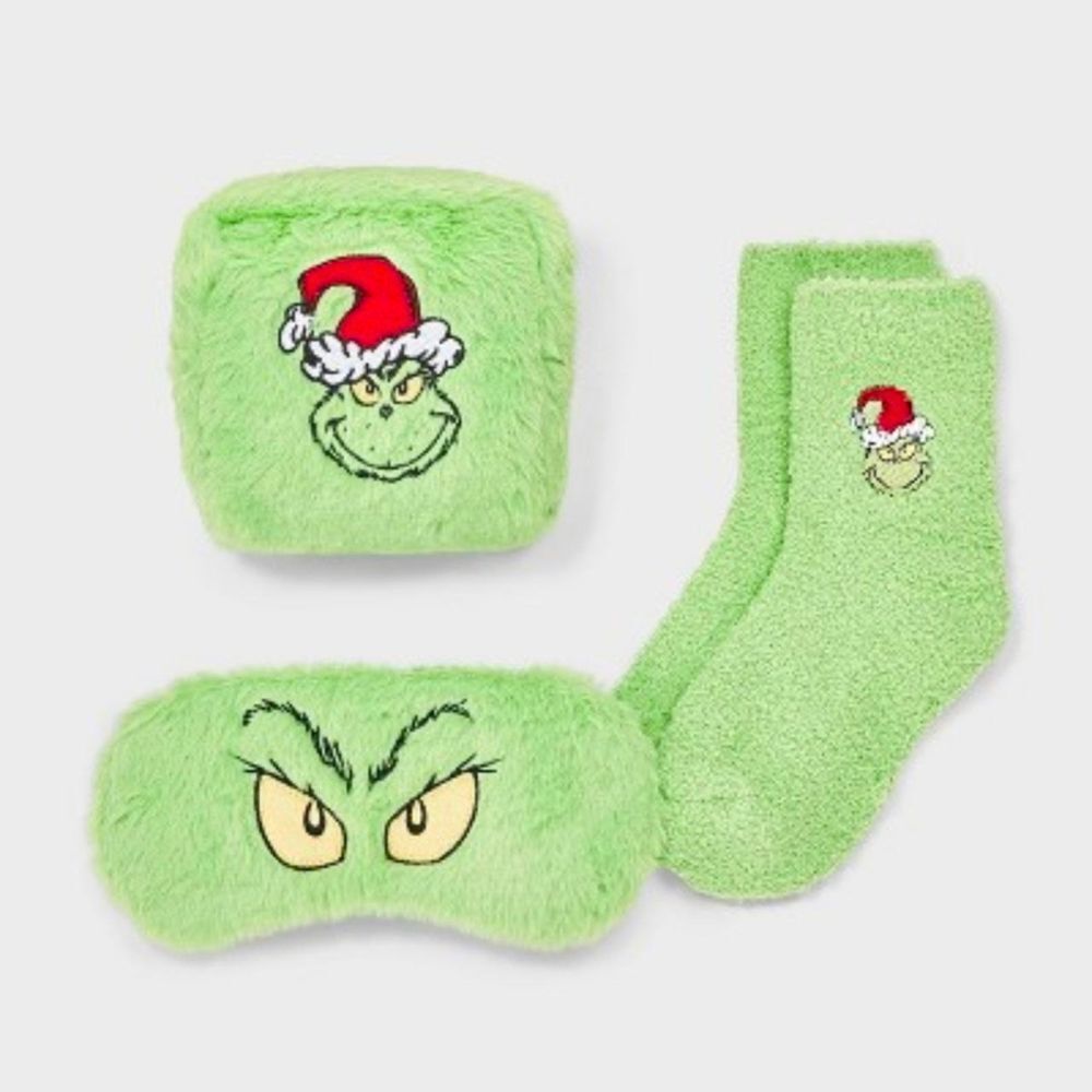 Women's The Grinch Faux Fur 3pk Cozy Gift Set Reusable Pouch Socks Eye Mask